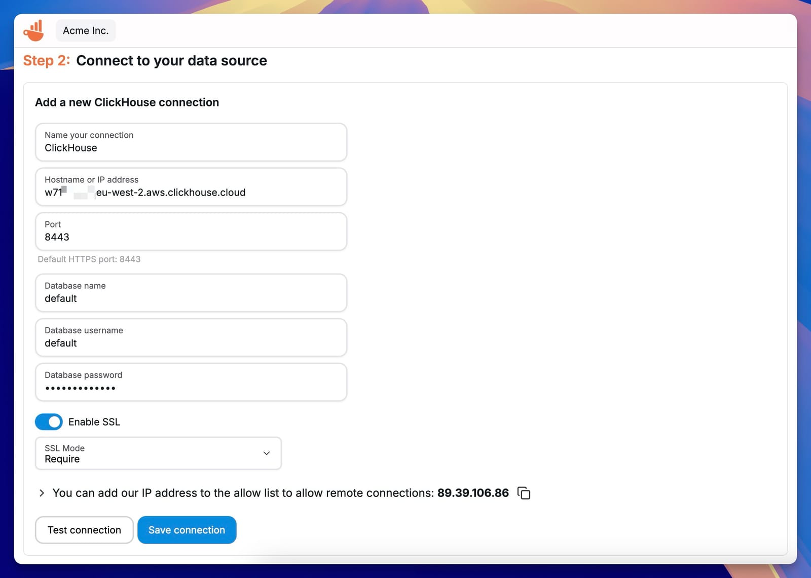 ClickHouse connection settings in Chartbrew