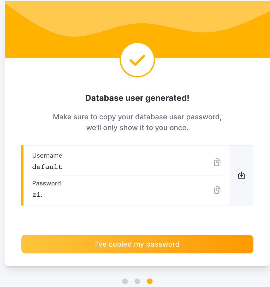 Экран учетных данных ClickHouse Cloud, показывающий имя пользователя и пароль