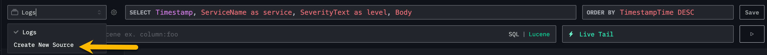 Создание нового источника HyperDX