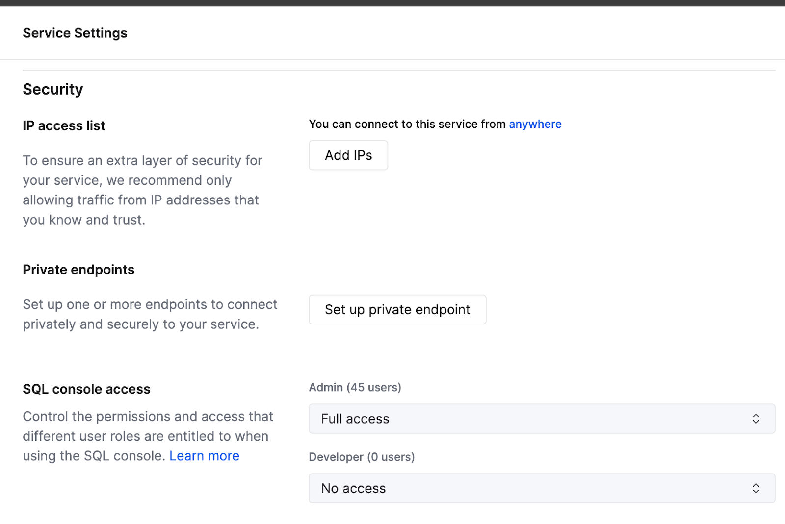 ClickHouse Cloud console showing private endpoint setup interface in the security settings