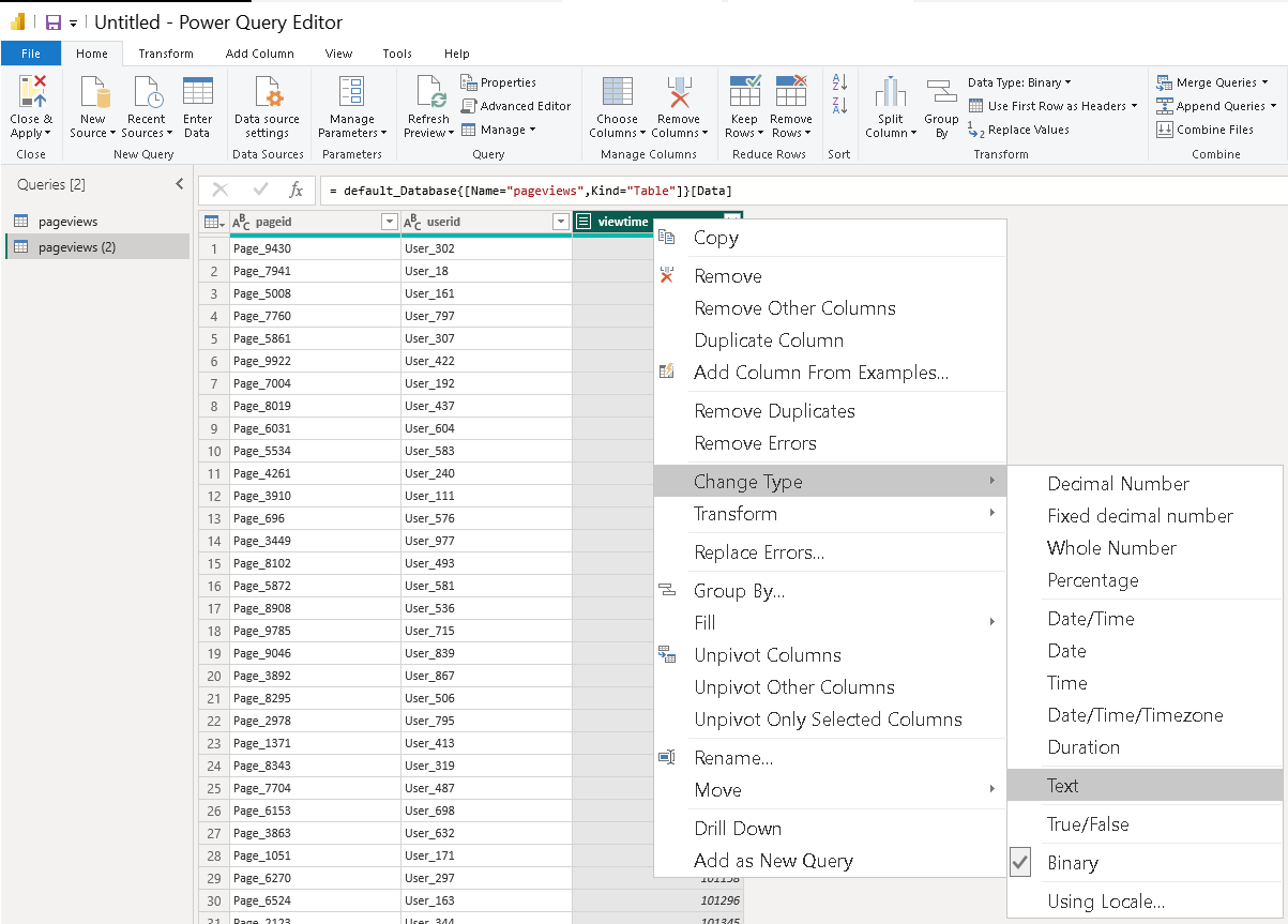 Редактор Power Query, показывающий преобразование типа данных для столбца UInt64