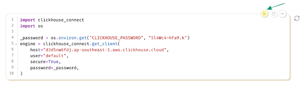 Запустите ячейку для подключения к ClickHouse