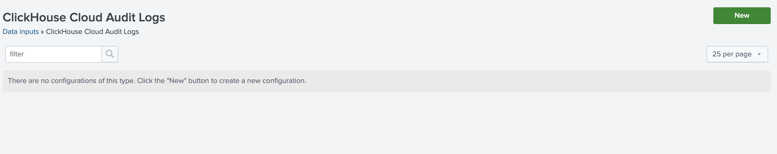 Страница ввода данных Splunk, показывающая опцию ClickHouse Cloud Audit Logs