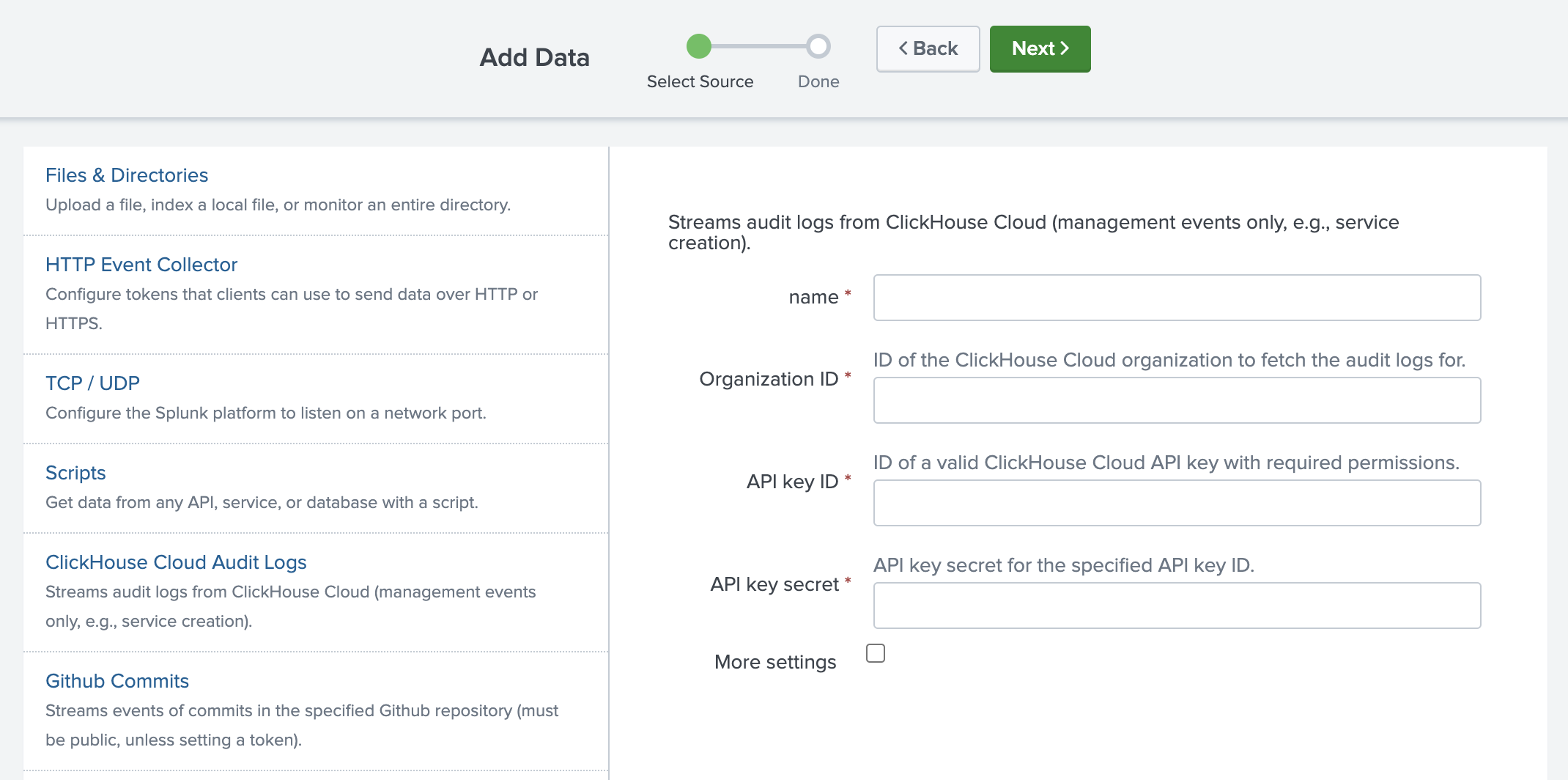 Интерфейс Splunk для настройки нового ввода данных ClickHouse Cloud Audit Logs
