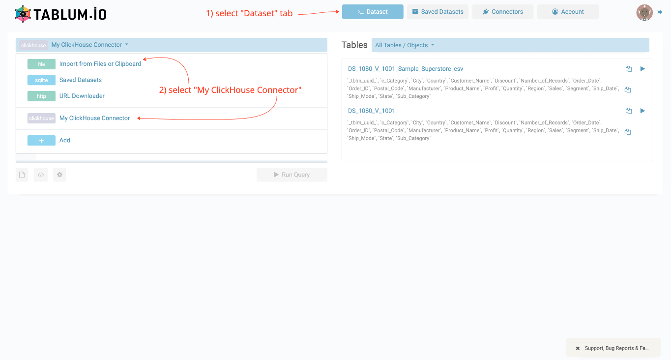 Выбор соединителя ClickHouse в TABLUM.IO